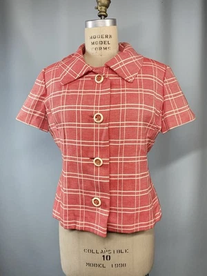 TOWNCLIFFE винтажная женская куртка размер средний красный розовый чек короткий рукав 60-х - Изображение 1 из 4