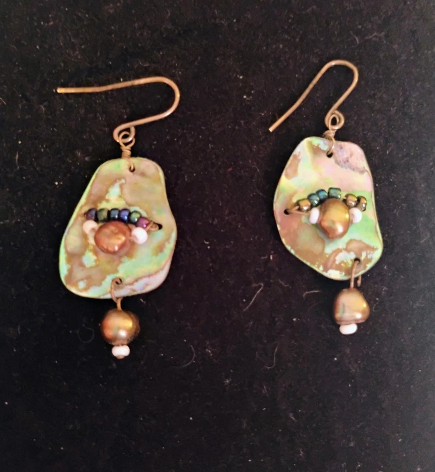 Handmade Sea Shell Earrings W/ Colorful Pearl Beads Pierced Ears - Image 1 of 1