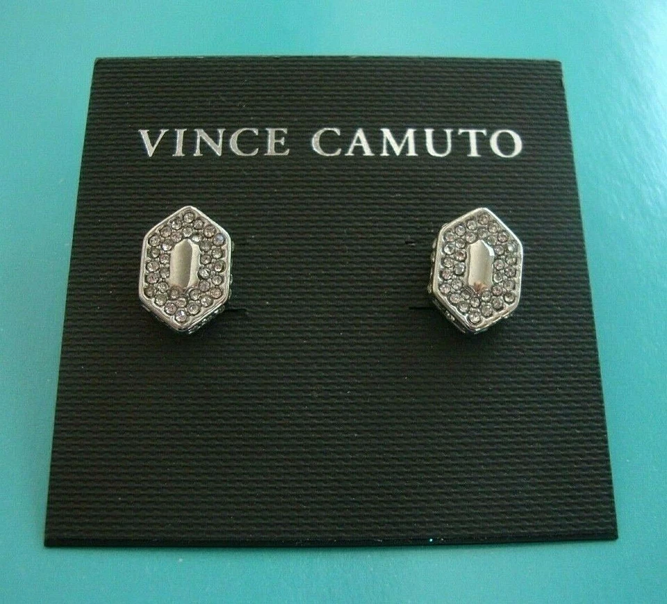 NWT VINCE CAMUTO Silver Tone Pave Crystals Hexagon Stud Earrings~Chic! - Image 1 of 4
