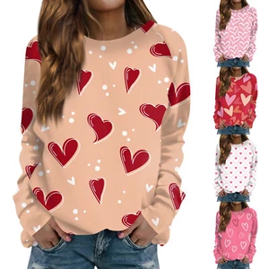 Women's Long Sleeve Tops Valentine's Day Love Printed Round Neck Sweatshirt - Picture 1 of 28