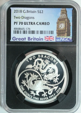 2018 Great Britain 1oz .999 Silver 2 Pounds Two Dragons NGC PROOF 70 ULTRA CAMEO Cover