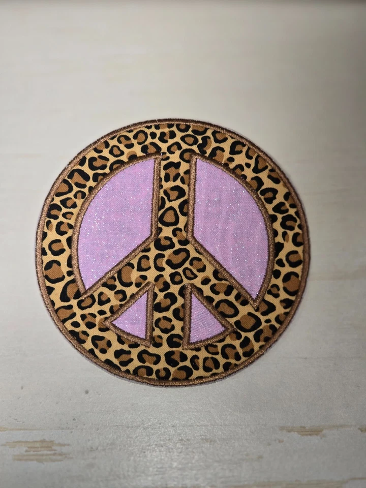 Cheetah Pink Glitter Peace Sign 4.5-inch Iron on Embroidered Applique Patch - Image 1 of 1