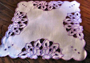 Vintage Linen Doily 13" Square Handmade Lace Lilac-Colored Roses - Picture 1 of 3