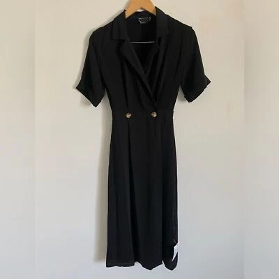 NUEVO CON ETIQUETAS VESTIDO MIDI DISEÑO ASOS para mujer negro envolvente esmoquin botón oficina delantera trabajo talla 0 Foto 1 de 4