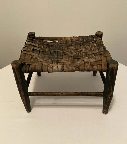 Vintage Primitive Shaker Style Footstool Ottoman Flat Cane Woven Bottom Pegged Cover