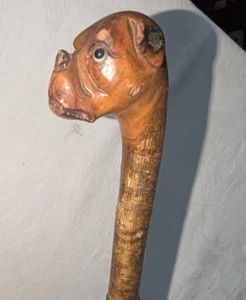 Antique Carved Cane Walking Stick Boxer Bulldog with Brass Band - Picture 1 of 14