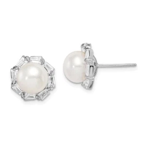 12.07mm Sterling Silver 8-9mm White Button Freshwater Cultured Pearl CZ Earrings - Picture 1 of 4