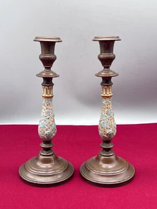 PAAR ANTIKE KERZENLEUCHTER JUGENDSTIL KUPFER MIT KERAMIK HANDBEMALT - Bild 1 von 24