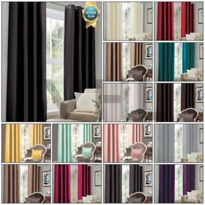 THERMAL BLACKOUT CURTAINS Ready Made Eyelet Ring Top + Tie Backs Pair 15 Colours - Picture 1 of 30