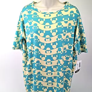 NEW TAGS LulaRoe Disney Irma Minnie Mouse Bows Tunic Top XS Blue Aqua Yellow Geo - Picture 1 of 6