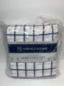 Fairfield Square Red White Blue Plaid 4pc Cooling Microfiber Queen Sheet Set NEW - Picture 1 of 4