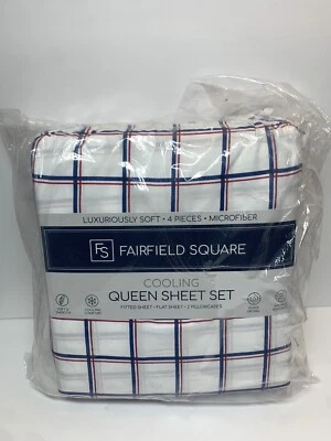 Juego de sábanas Fairfield Square rojo blanco azul a cuadros 4 piezas de microfibra de enfriamiento Queen NUEVO Foto 1 de 4