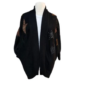 Vintage Womens Black Knit with Animal Print Patches Wrap Open Front Sweaters XL - Picture 1 of 12