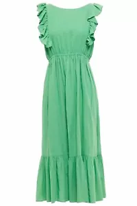 Ba&sh BASH Joyce 100% Cotton Solid Green Midi V Neck Back Romantic Dress Sz L - Picture 1 of 6