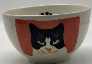 Tuxedo Black White Cat Bowl Paw Prints Yellow Pink Ceramic Thailand Hand Painted - Picture 1 of 8