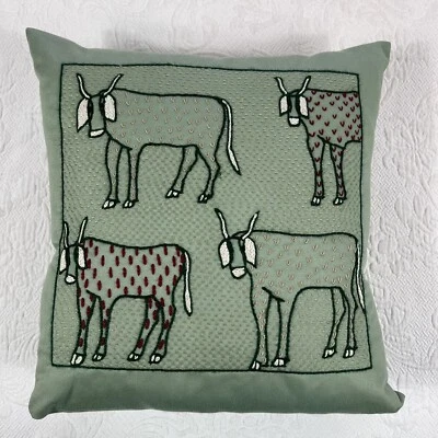 Handmade Needlepoint Pillow Embroidered Decorative Cows Steers Green 16"x16" - Image 1 of 4