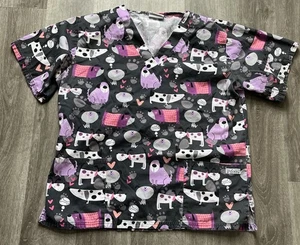 Women's Medium Black & Pink Dog Print UA Scrubs Scrub Top - Picture 1 of 1