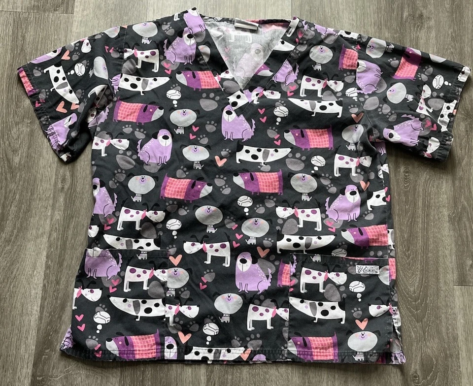 Women's Medium Black & Pink Dog Print UA Scrubs Scrub Top - Image 1 of 1