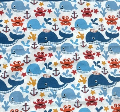 Cute Smiling Whale Crabs Nautical Cartoon Fabric 1/2 Y Cotton Kid's Nursery #14 - Image 1 of 4