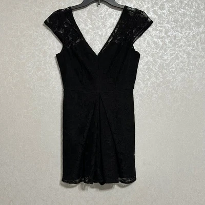 BCBGeneration Black Lace Overlay Detail V Neck Jumpsuit Romper Short Sleeve Sz 2 - Image 1 of 4