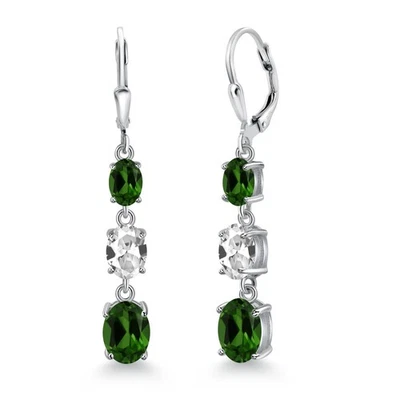 925 Sterling Silver Green Chrome Diopside 3 Stone Dangle Earrings For Women - Image 1 of 4