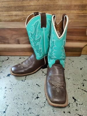 Botas vaqueras Justin de cuero marrón/turquesa con puntera redonda para niños-talla 2D 310JR Foto 1 de 4