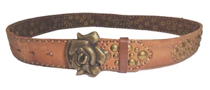 Vintage Nieten Gürtel Braun Leder Gunmetal Blumen Schnalle Damen L (37-39") - Bild 1 von 12