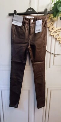 Next Size 6 Petite Brown Chocolate Skinny High Rise Faux Leather Trousers New - Image 1 of 4