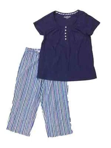 Womens Lightweight Blue Stripes Knit Pajamas Short Sleeve Sleep Set - Picture 1 of 1