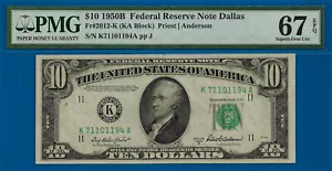 1950B $10 Federal Reserve Note PMG 67EPQ top pop finest known Dallas Fr 2012-K - Picture 1 of 3