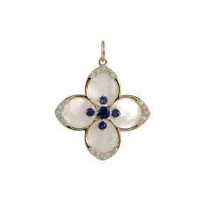 Zaffiro Blu Madreperla Ciondolo Diamante Ciondolo a Fiore 925 Argento Sterling - Foto 1 di 3