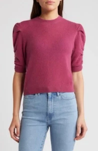 FRAME Ruched Sleeve 100% Cashmere Sweater Size XS in Dragon Fruit, NEW MSRP $428 - Picture 1 of 11