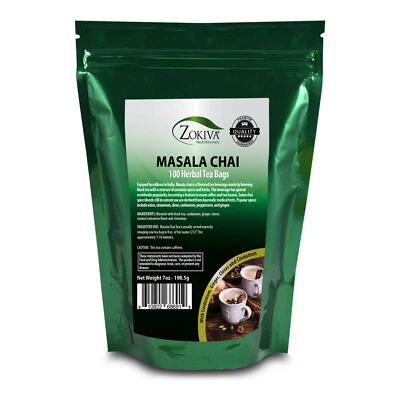 ZOKIVA NUTRITIONALS Masala Chai Tea Bags Mega Pack (100) Contains Anise, Cardamom, Cinnamon, Clove