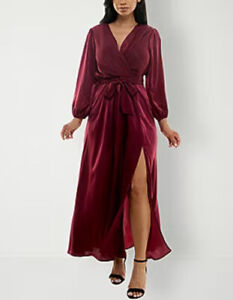 Premier Amour Satin Long Sleeve Maxi Dress Size 14 Color Red Wine Long Sleeve