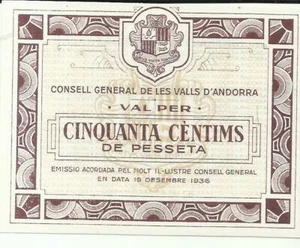 ANDORRA 50 CENT CENTIMS 1936 P 5. UNC ZUSTAND. 8RW 04DES - Bild 1 von 1
