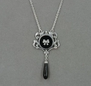 Black Onyx Bow Dangle Cubic Zirconia Accent Sterling 925 Silver Necklace Chain - Picture 1 of 4