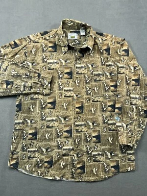 Michael Austin Mens Large Shirt Brown Duck Print All Over Long Sleeve Button Up - Image 1 of 4