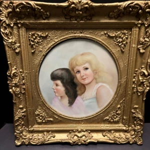 Vintage Stil Porzellan Plakette Gemälde junge Mädchen vergoldet gerahmt 16" signiert 1985 - Bild 1 von 19