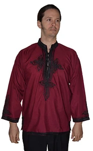 Moroccan Men Tunic Shirt Cafan Casual Handmade Embroidered Cotton XL Burgundy - Picture 1 of 6