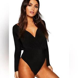 Boohoo Long Sleeve Wrap Front Bodysuit Womens Size 14 Black New With Tags - Picture 1 of 10