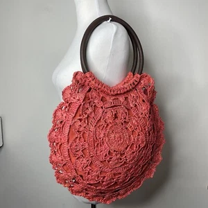 Flora Bella Boho Orange Coral Crocheted Raffia Leather Handles Shoulder Bag - Picture 1 of 14