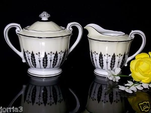 Crema y recipiente de azúcar Noritake pintado a mano beige blanco y negro - Imagen 1 de 11