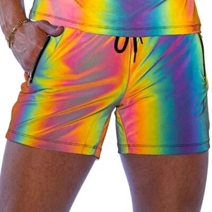 Reflective Shorts Zipper Pockets Drawstring Multicolor Rainbow Rave Dance 6538 - Picture 1 of 8
