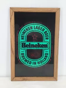 VINTAGE Heineken Lager Beer Brewed In Holland Sign Glass Wooden Frame - Picture 1 of 2