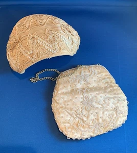 Vintage Ornate Ivory Sequined Fascinator Head Band Hat & White Beaded Satin Bag - Picture 1 of 8
