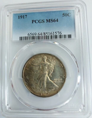 Choice 1917 Walking Liberty TONER! 50 Cents Half Dollar GRADED Coin PCGS MS64 - Image 1 of 4