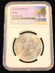 1966 BAHAMAS SILVER 1 DOLLAR CONCH SEASHELL NGC MS 64 FIRST YEAR SCARCE BEAUTY - Picture 1 of 5