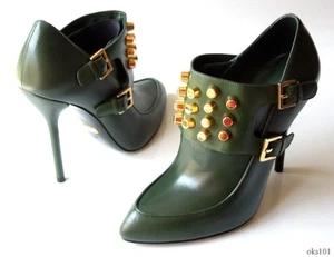 GUCCI green olive leather GOLD STUDDED ANKLE BOOTS Tom booties shoes 38.5 $1150 - Picture 1 of 10