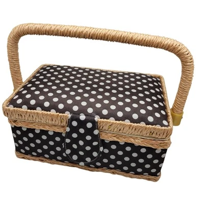 Cesta de costura D&D a lunares negra blanca almacenamiento artesanal estilo vintage Foto 1 de 4