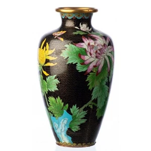 Vintage 20th Chinese Cloisonné enamel vase Flowers black background - Picture 1 of 4
